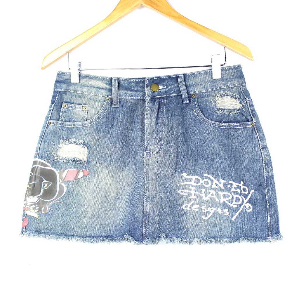 Ed Hardy Women's Panther Dagger Wash Blue Denim Raw Hem Mini Skirt Y2K Vintage